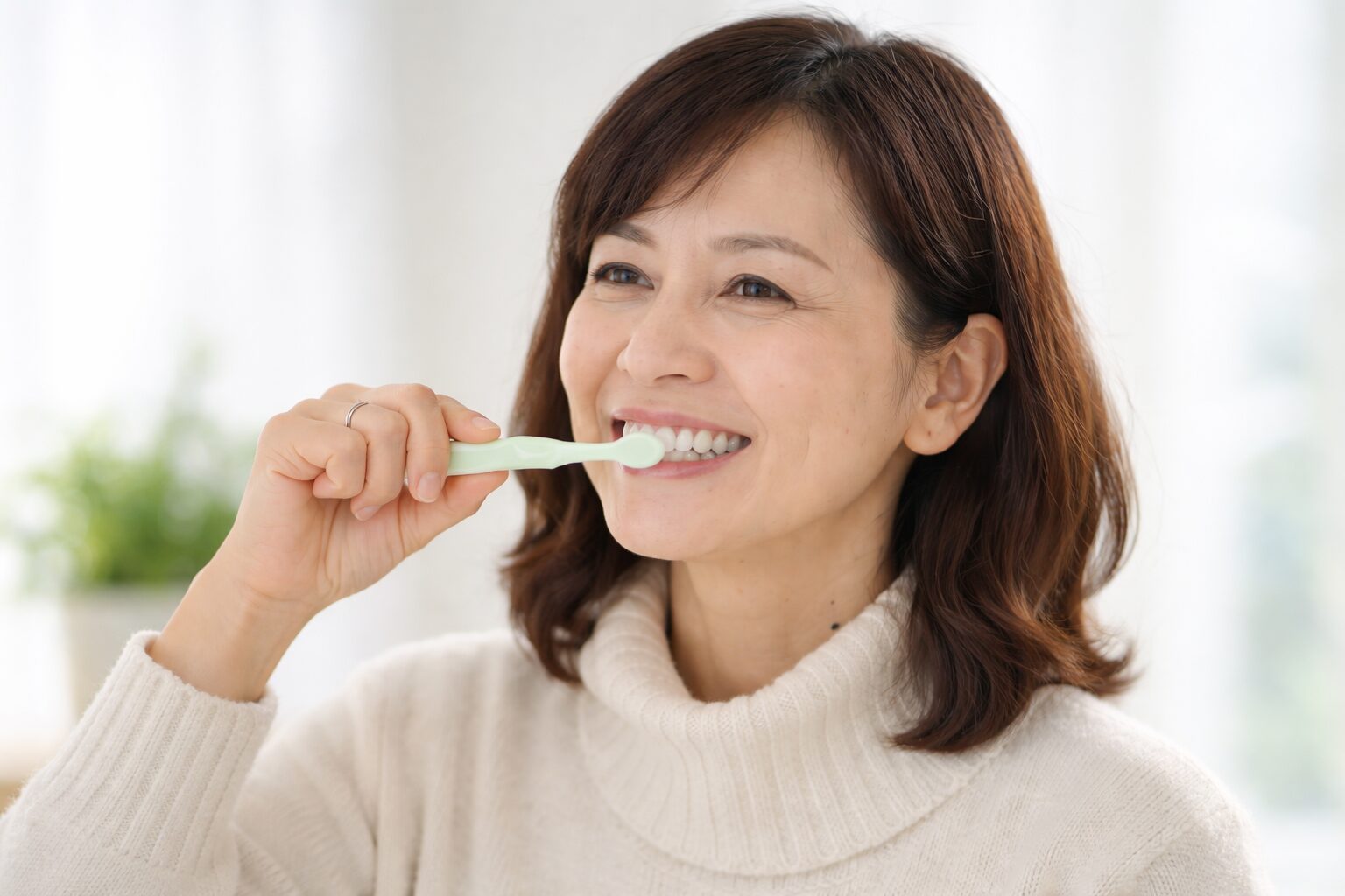 歯ブラシで丁寧にブラッシングする日本人のクローズアップ。