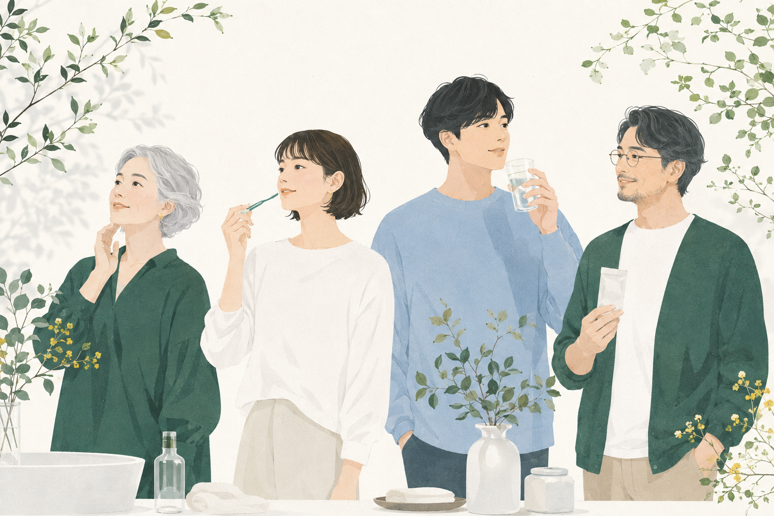 さまざまな世代が毎日のセルフケアを楽しむイラスト