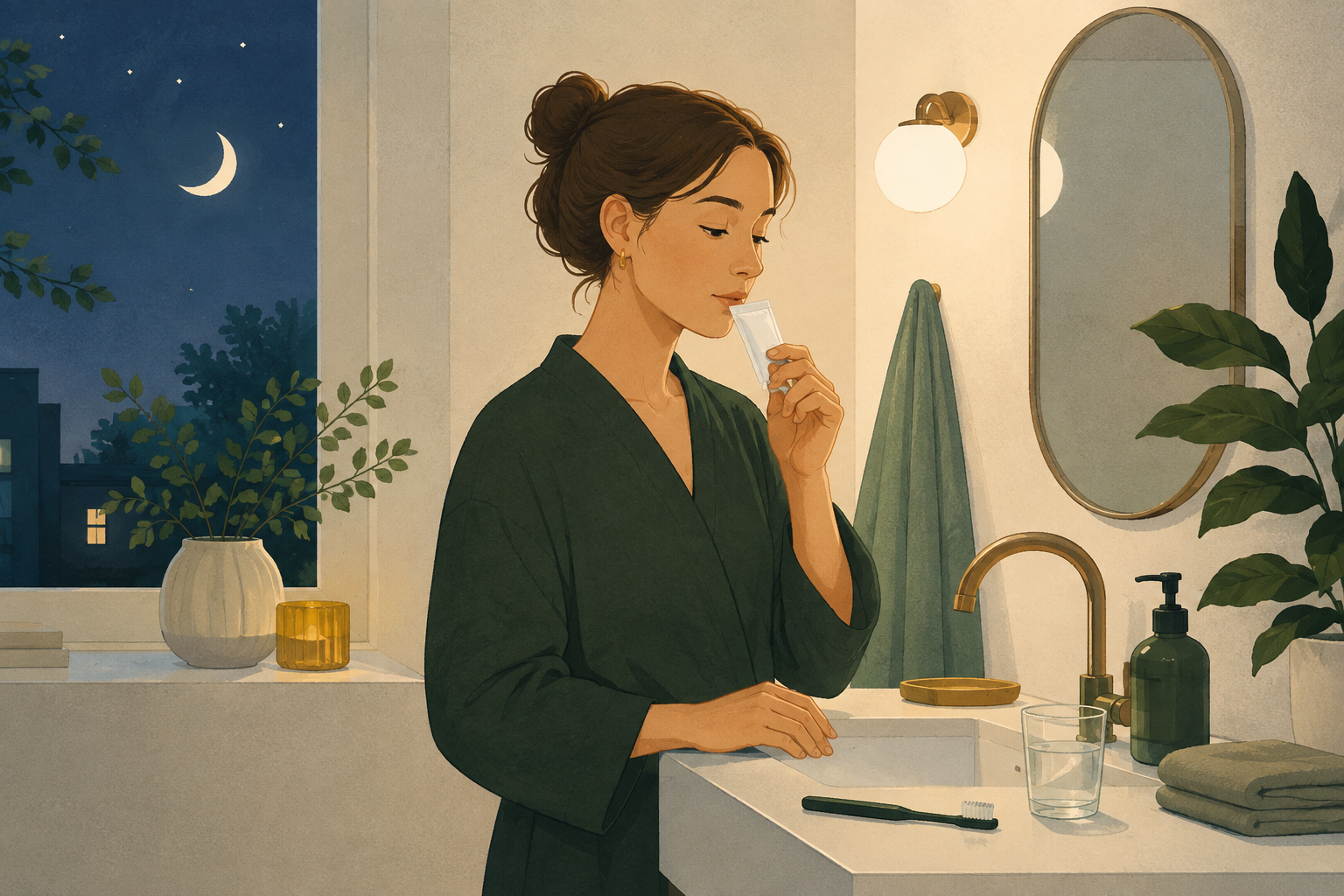 夜の歯みがき後に1包を取り入れる習慣のイラスト