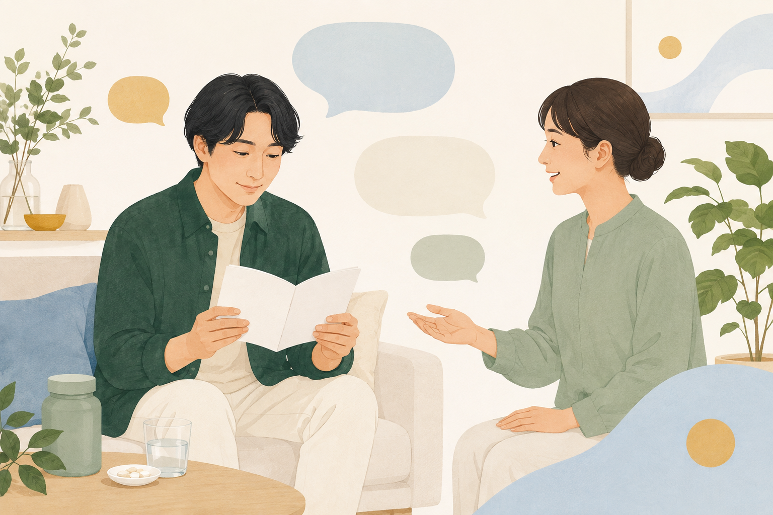 商品資料を見ながら相談する様子を表したイラスト