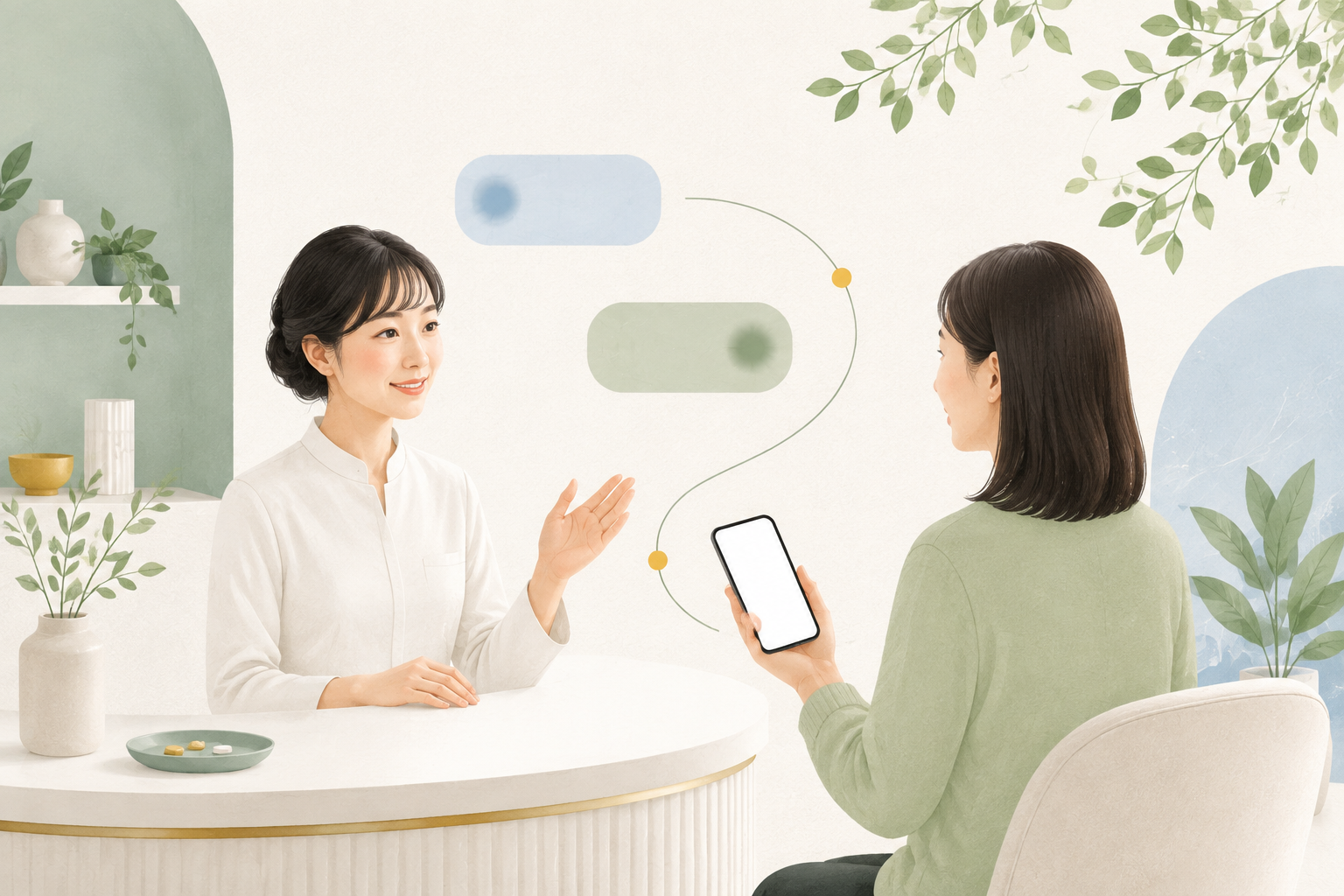 商品について担当者へ相談する様子を表したイラスト