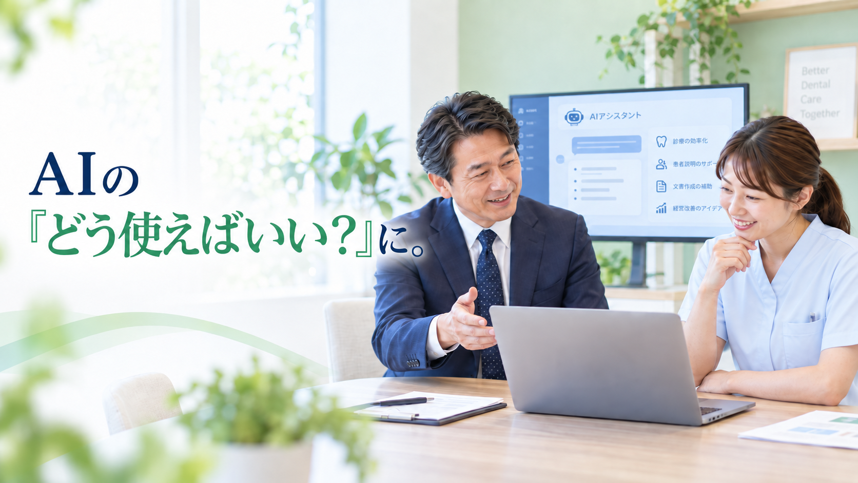 歯科医院の明るい相談スペースで、スーツ姿の担当者と淡いブルーの制服を着たスタッフがノートPCを見ながら生成AIの活用について相談している様子