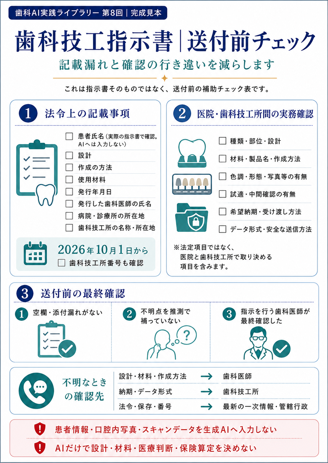 歯科技工指示書の法定項目と実務項目を確認する送付前チェック表