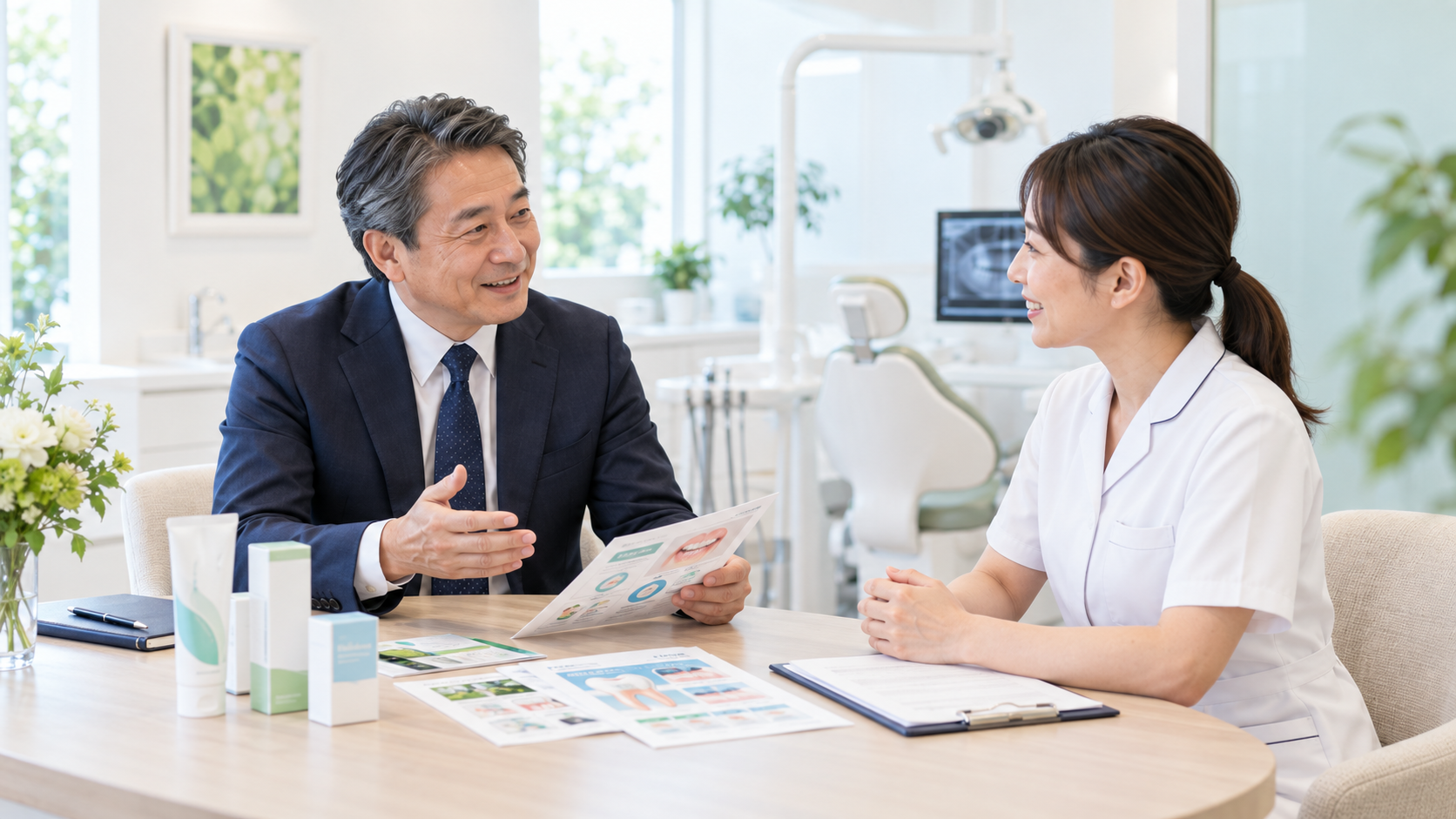 歯科医院で院内資料やケア用品について直接相談している様子