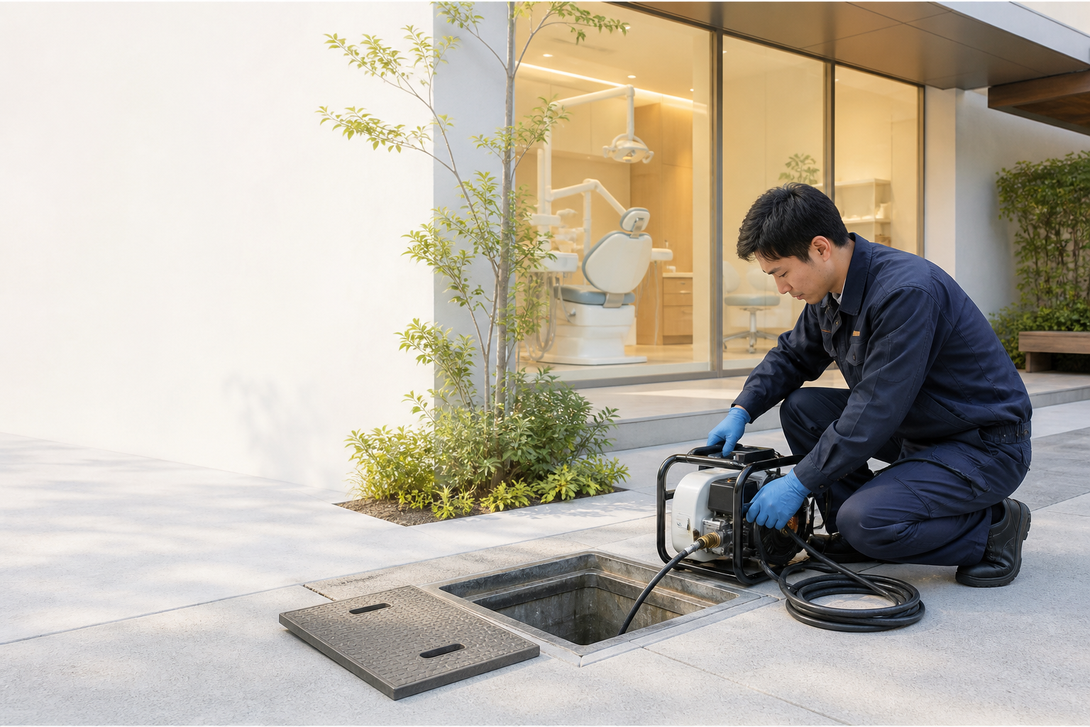歯科医院の外部排水桝で清掃機材を準備する専門スタッフ