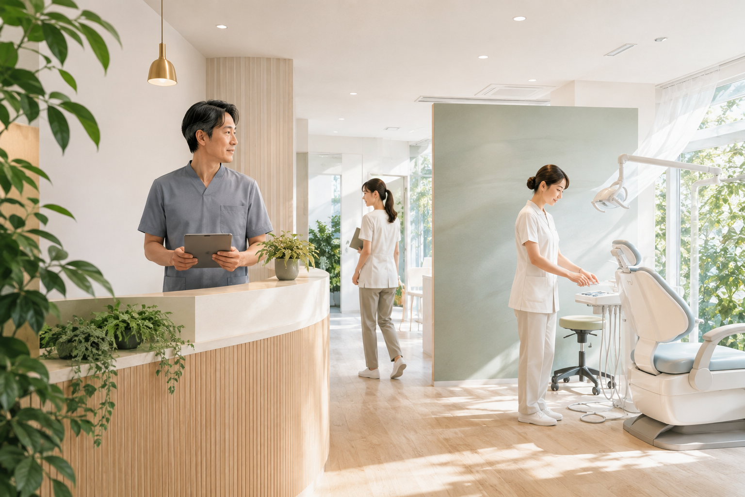 明るく整った院内で落ち着いて働く歯科医院スタッフ
