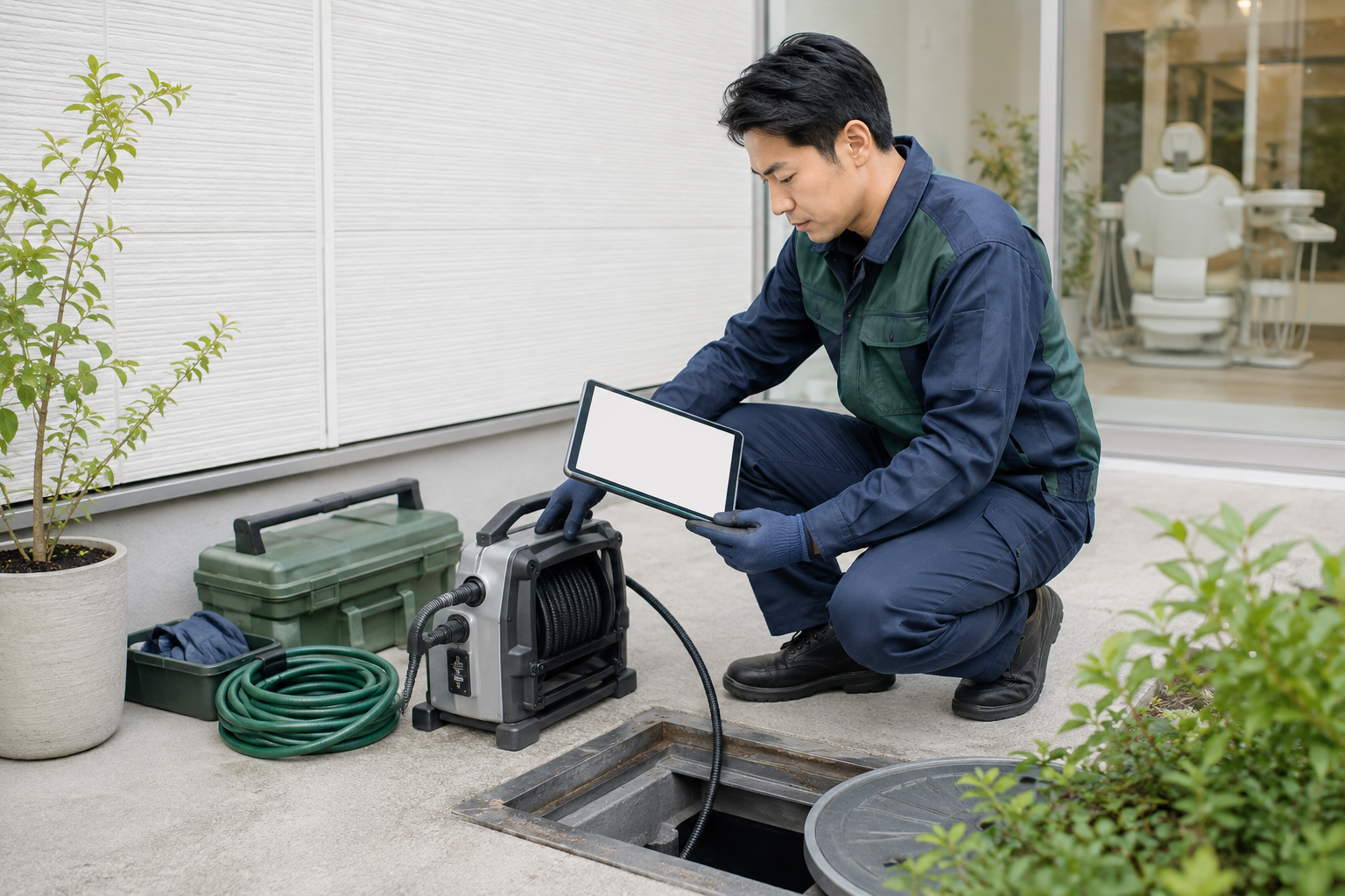 外部配管と清掃機材を確認する専門スタッフ