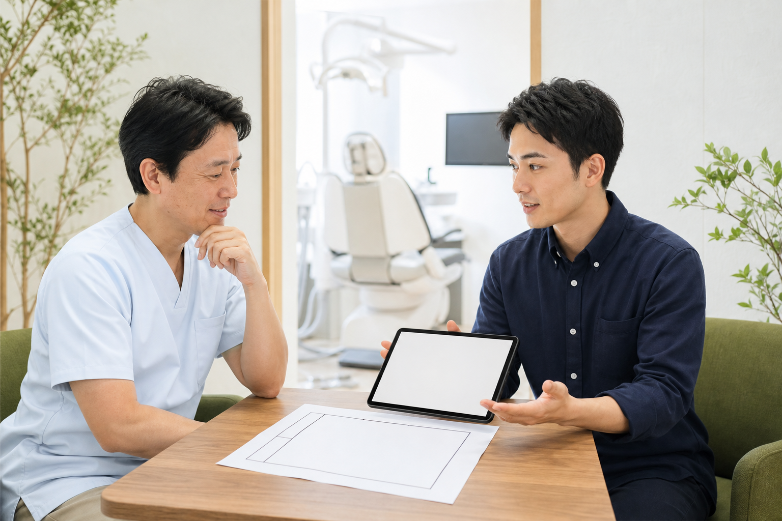 歯科医院で配管清掃について相談する院長と担当者