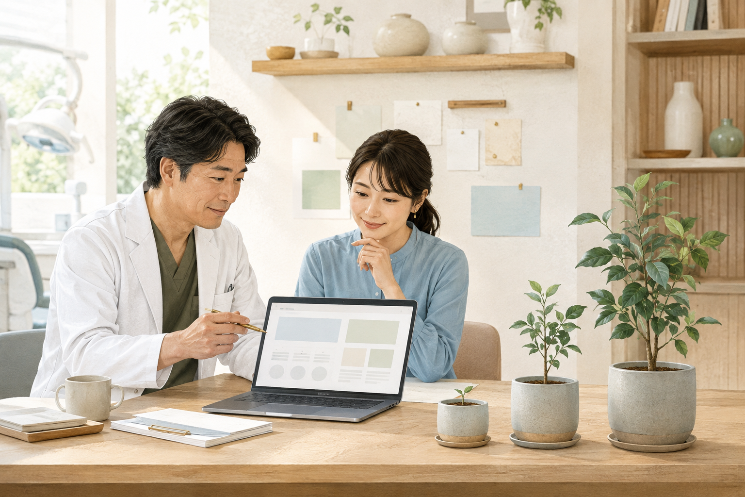 歯科医師と担当者が植物の成長を見守るようにホームページを育てるイメージ