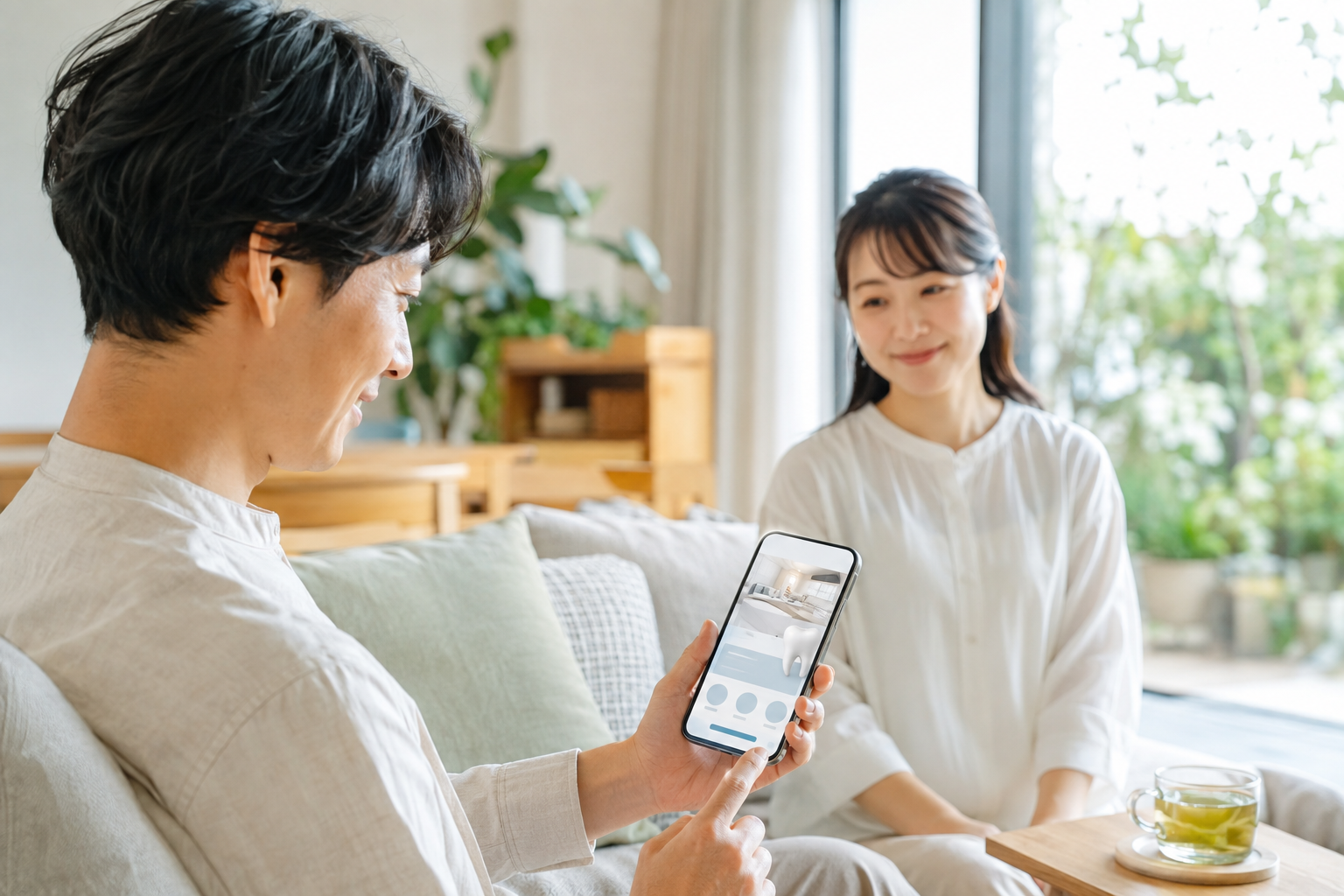 スマートフォンで歯科医院のホームページを確認する患者さんのイメージ