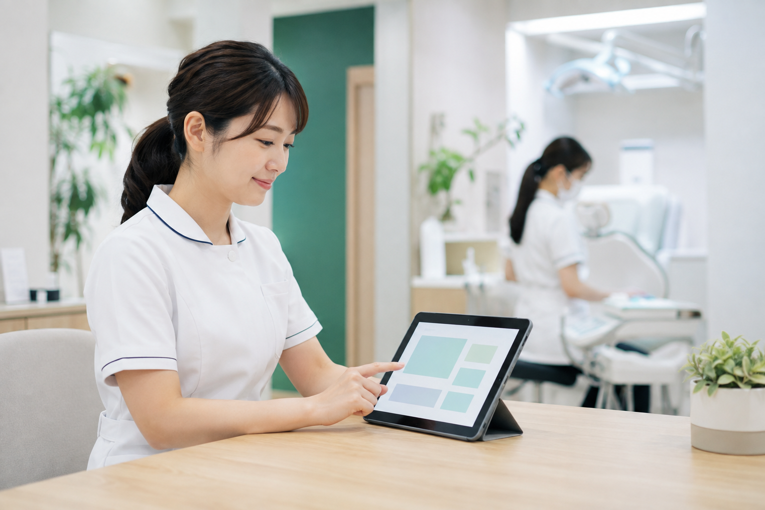 タブレットから落ち着いてホームページを更新する歯科医院スタッフ