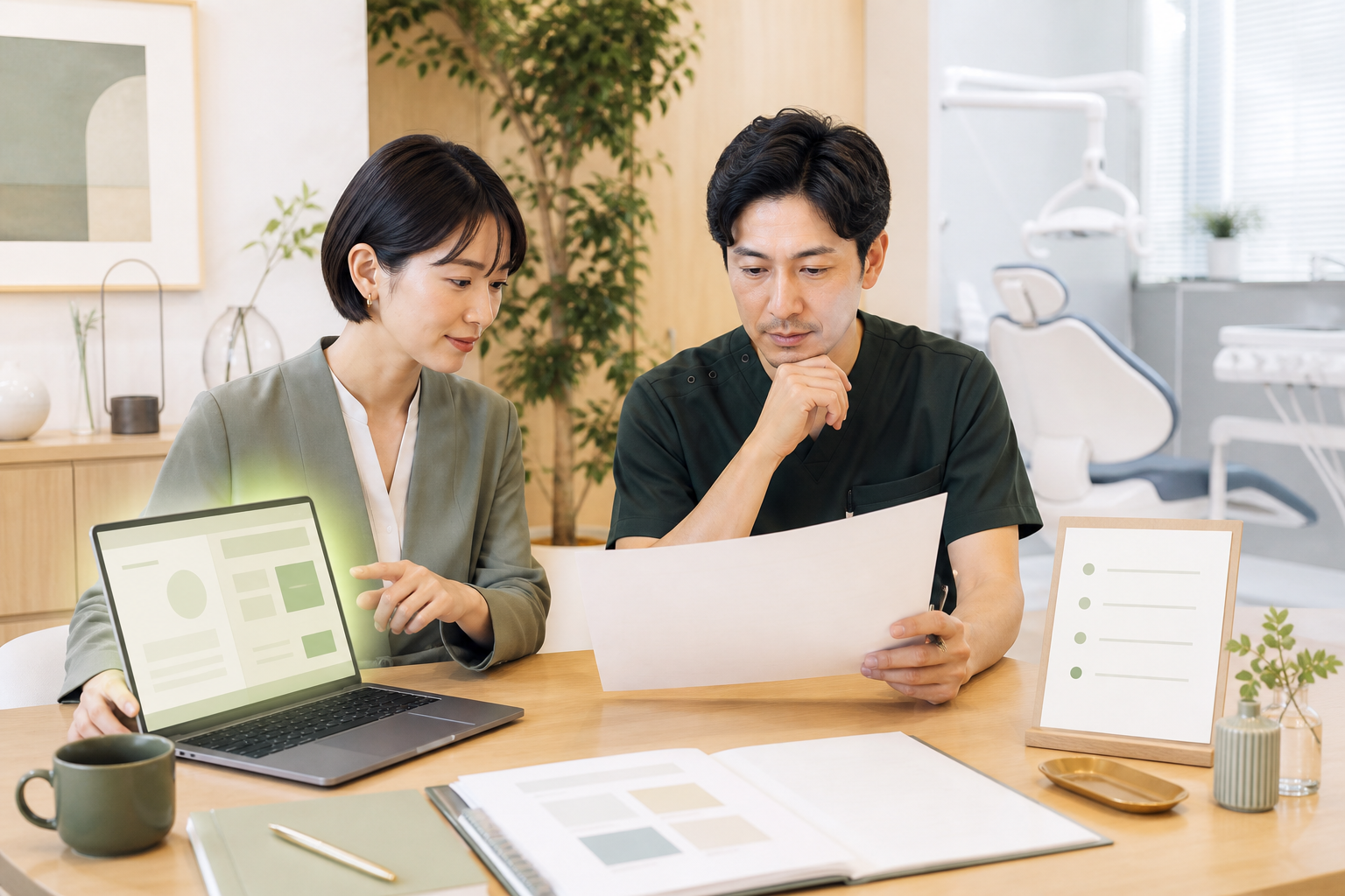 AIを使った文章案を歯科医師と担当者が確認する様子