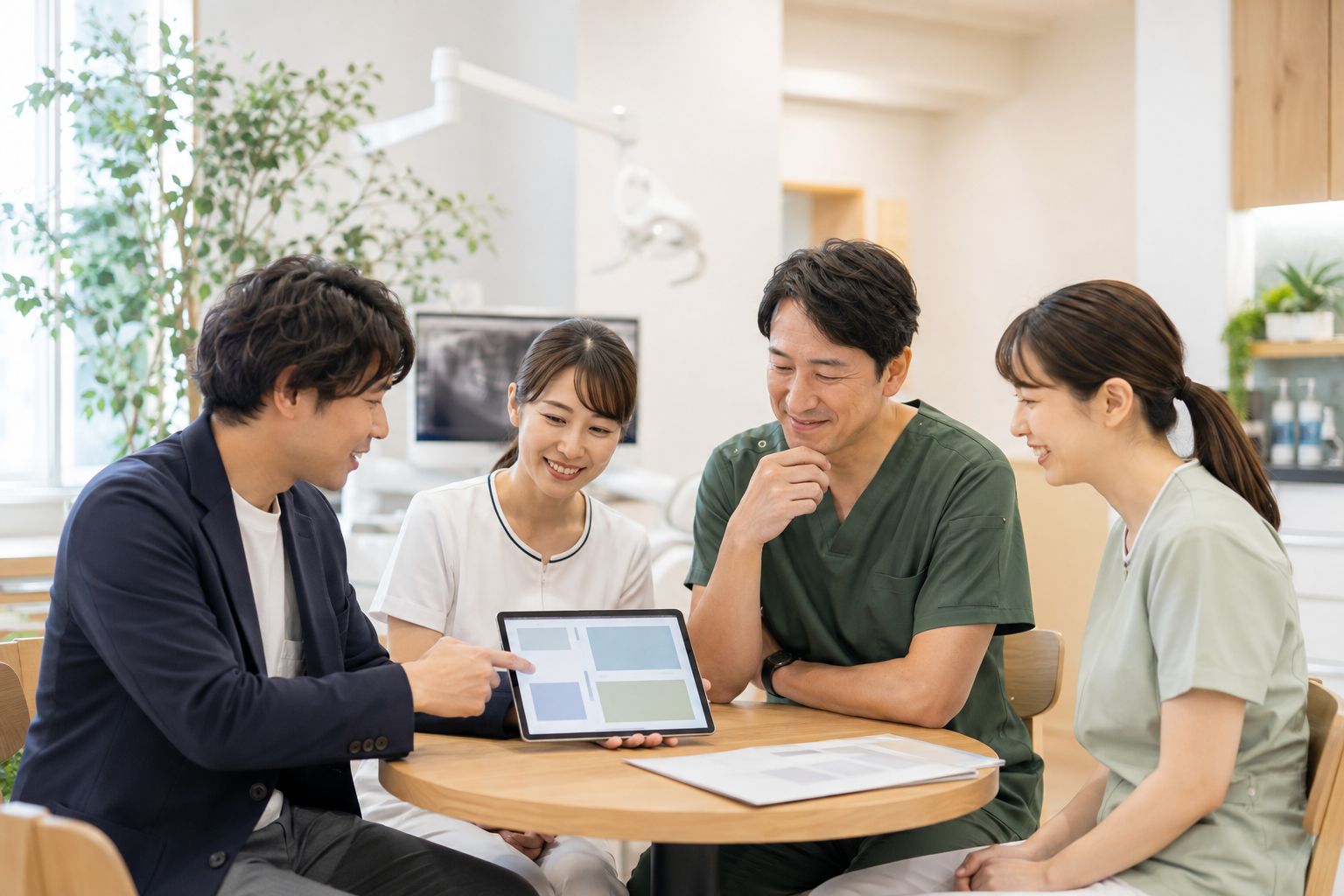 歯科医院のスタッフと担当者が公開後の改善について話し合う様子